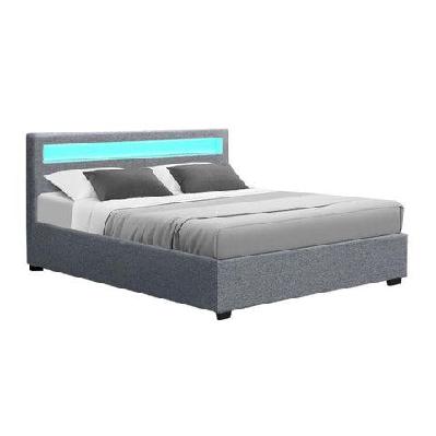 cole led bed frame fabric gas lift storage - grey queen