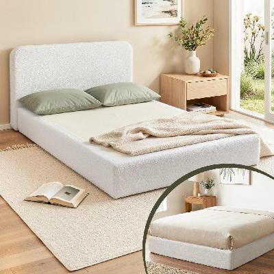 compression bed frame queen size no assembly vacuum high density sponge boucle cream white