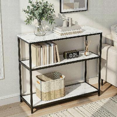 console table marble effect 3-tier sofa entryway side table 90cm white