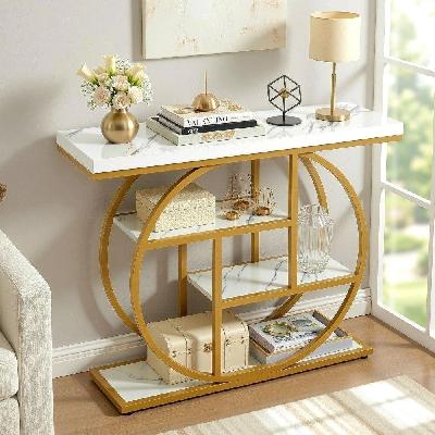 console table marble effect 4-tier shelves 105cm whiteandgold