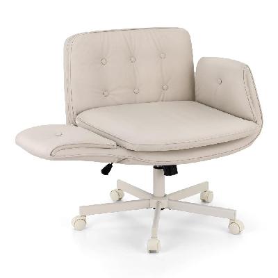 criss cross chair with wheels and adjustable armrests, ergonomic cross legged office desk chair pu leather vanity chair swivel for home, make up, bedroom, computer, beige