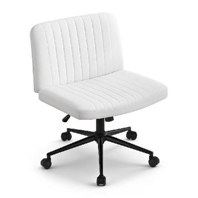 criss cross chair with wheels wide cross legged office desk vanity chair pu leather, armless height adjustable swivel home office chair for home computer task, white