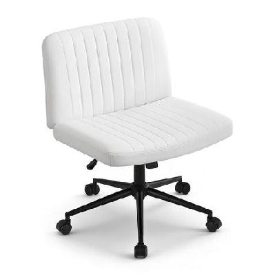 criss cross chair with wheels wide cross legged office desk vanity chair pu leather, armless height adjustable swivel home office chair for home computer task, white