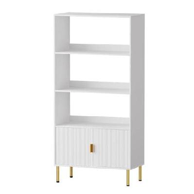 3 tier display shelf with hidden cabinet | gold legs and handles - white