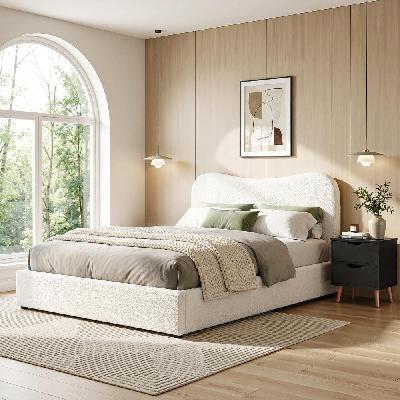 double bed frame and bedside table set boucle beige with headboard black nightstand