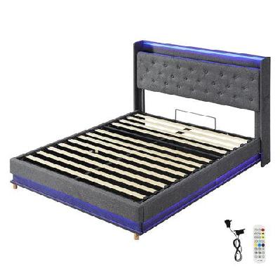 double bed frame with gas lift storage, led headboard, usb charging and side pocket – grey linen
