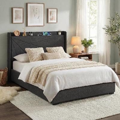 double bed frame gas lift storage bed with charging ports upholstered geometric headboard charcoal grey