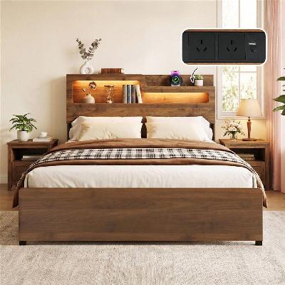 double bed frame metal with charging station led light storage shelf