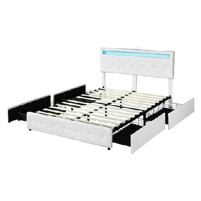 double bed frame with rgb led lights pu leather upholstery 4 storage drawers and usb ports - white
