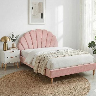 double bed frame scallop headboard pink velvet with 2 drawer bedside table