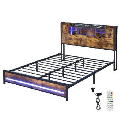 double bed frame with storage headboard and industrial design – rgb led lights + charging station