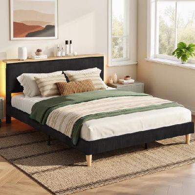 double bed frame upholstered adjustable headboard mood lighting heavy duty black velvet