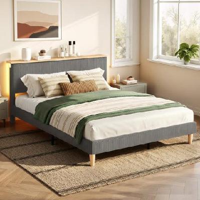 double bed frame upholstered adjustable headboard mood lighting heavy duty grey velvet
