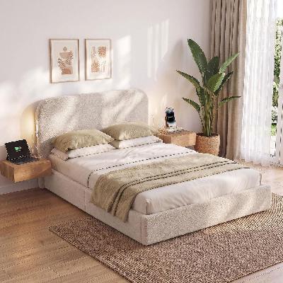 double bed frame with 100cm bouclé headboard, usb-c and night lights