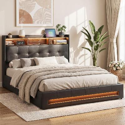 double bed frame with gas lift storage led lights charging station headboard with open shelf