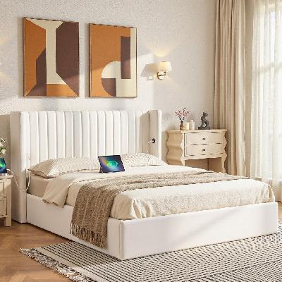 double bed frame with gaslift storage usb type-c charging ports velvet upholstery white
