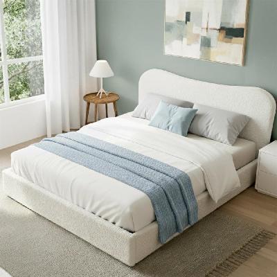 double bed frame with gaslift storage wooden platform mattress base boucle upholstered white