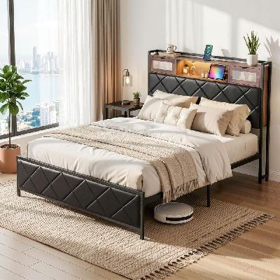 double bed frame with led lights storage headboard 2 usb 2 ac outlets charging station
