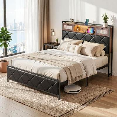 double bed frame with led lights storage headboard 2 usb 2 ac outlets charging station