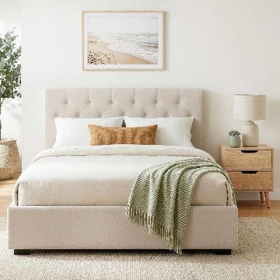 double bed frame with storage and bedside table set tufted linen gas lift bed base and 2-drawer nightstand