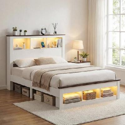 double bed frame with storage bookcase headboard and footboard white wooden platform bed with charging station and led light bedroom furniture