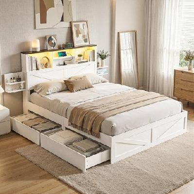 double bed frame with storage drawers white platform bedframe with bookcase headboard charging station led light