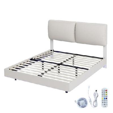 double floating bed frame with rgb led lights and adjustable headboard – white