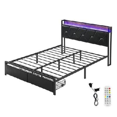 double size metal bed frame with led lights and 2 storage drawers | pu leather headboard, usb charging and sturdy slatted base