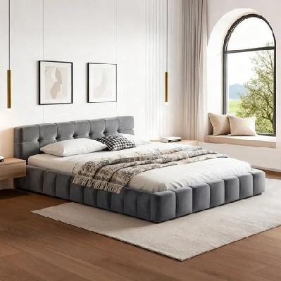 double size bed frame plush soft headboard velvet platform base for modern bedrooms grey