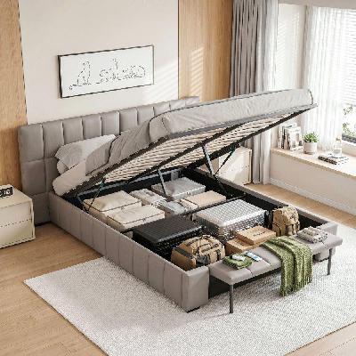 double size upholstered gas lift bed frame with foldable bench pvc leather platform bed with storage