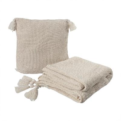dreamz knitting throw blanket cushion set pillow tassel fringe sofa bed ivory