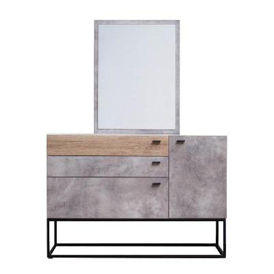 dresser sideboard buffet unit with mirror - black metal legs - dark oak / cement grey