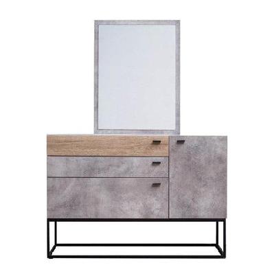 dresser sideboard buffet unit with mirror - black metal legs - dark oak / cement grey