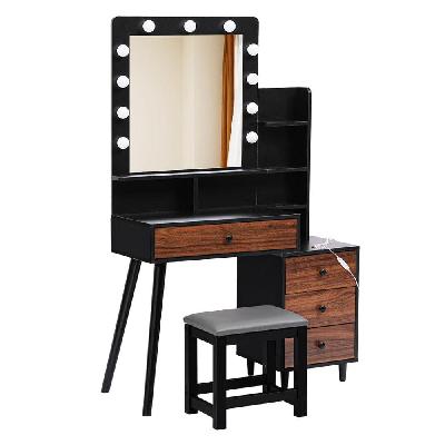 led dressing table stool set in black and brown| 11 dimmable bulbs, bedside cabinet, and ample storage (black and brown)