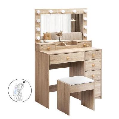led dressing table stool set in oak | 11 dimmable bulbs, large storage and modern vanity design (oak)
