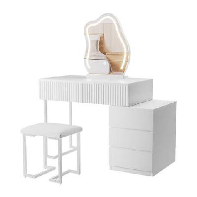 led dressing table with mirror and stool | adjustable lighting, ample storage and modern vanity design (white)