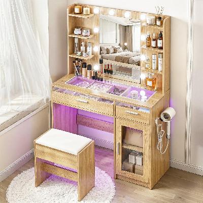 dressing table vanity desk set 10 led bulbs rgb light wood