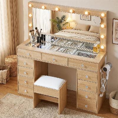 dressing table vanity desk set stool led bulbs wood