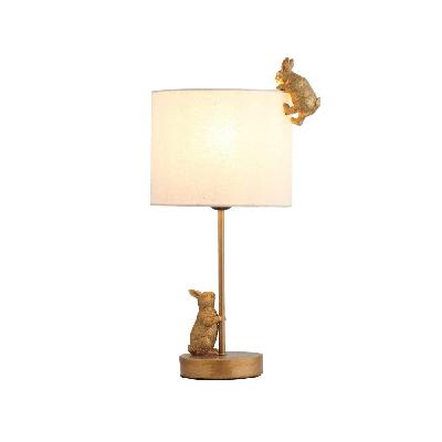 everette eclectic accent table lamp light with two rabbits playing fabric shade - gold and white