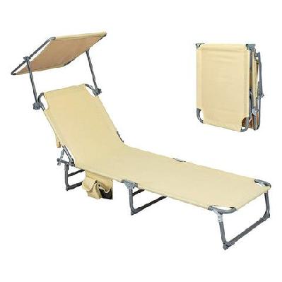 foldable lounge chair with canopy – 5-position reclining outdoor sun lounger with adjustable shade and side pockets (khaki)