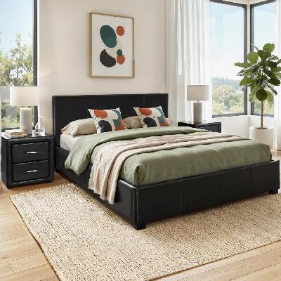 gas lift queen bed frame and bedside table set leather black