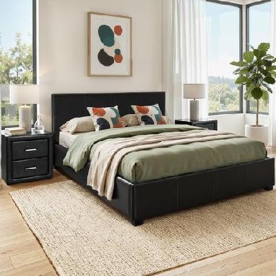 gas lift queen bed frame and bedside table set leather black