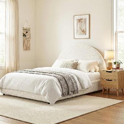 gas lift queen bed frame with bedside table set boucle fabric upholstered platform bed nightstand