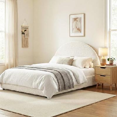 gas lift queen bed frame with bedside table set boucle fabric upholstered platform bed nightstand