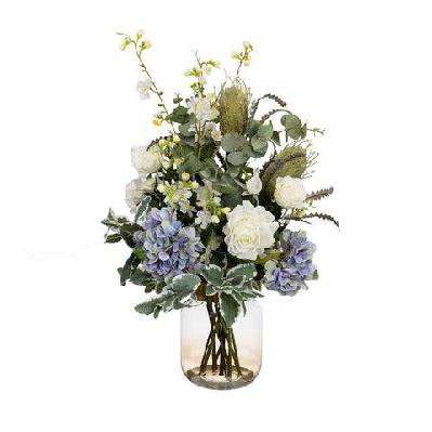 hydrangea and banksia artificial plant arrangement 80cm in glass - multi color