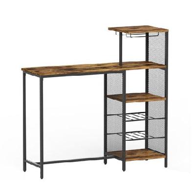 industrial bar table with wine rack cup holder multi-level storage 122cm walnut