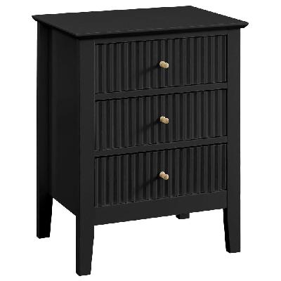 issey modern wooden bedside nightstand side table fluted 3-drawers - black