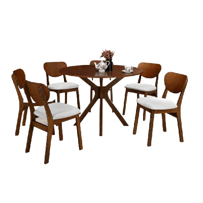 5pc dining set round dining table 105cm with 4 dining chairs - walnut / beige