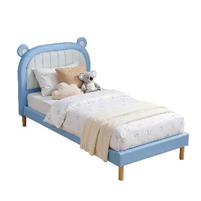 kids king single bed frame upholstered bear headboard waterproof leather boys bed 180kg capacity blue and white