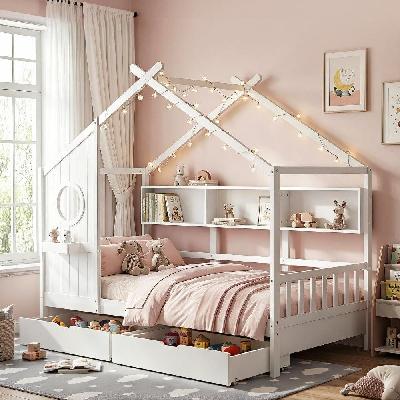 kids single bed frame with 3 storage bookcase and 2 drawers house bed solid wood montessori bed easy assembly white